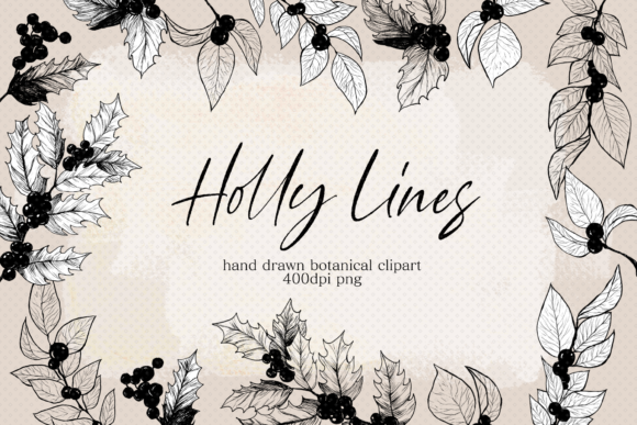 Download Vintage Holly Leaf Line Drawing Clipart - Vintage holly Collection